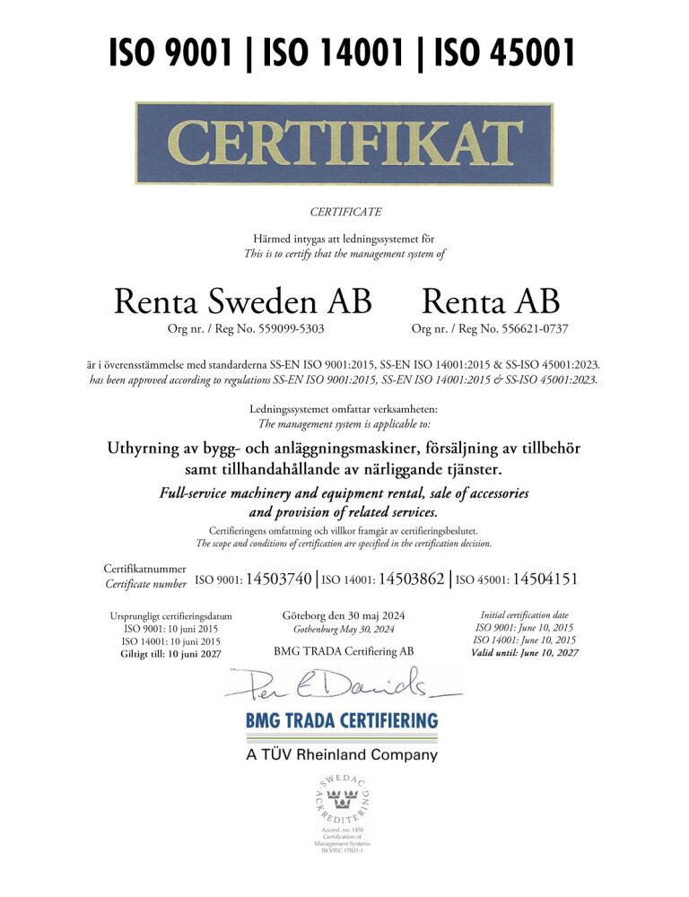 Som ett steg i vårt kvalitetsarbete är vi ISO 9001, 14001 och 45001-certifierade.